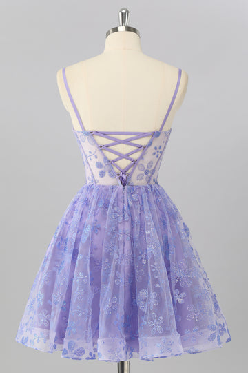 Purple A Line Spaghetti Straps Corset Sequin Homecoming Dress